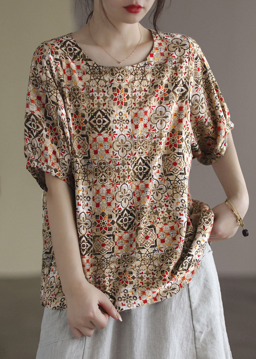 Blue O-neck Original Design Print Linen Tank Short Sleeve