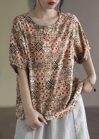 Blue O-neck Original Design Print Linen Tank Short Sleeve