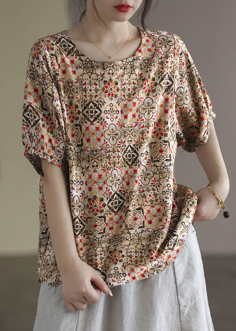 Blue O-neck Original Design Print Linen Tank Short Sleeve