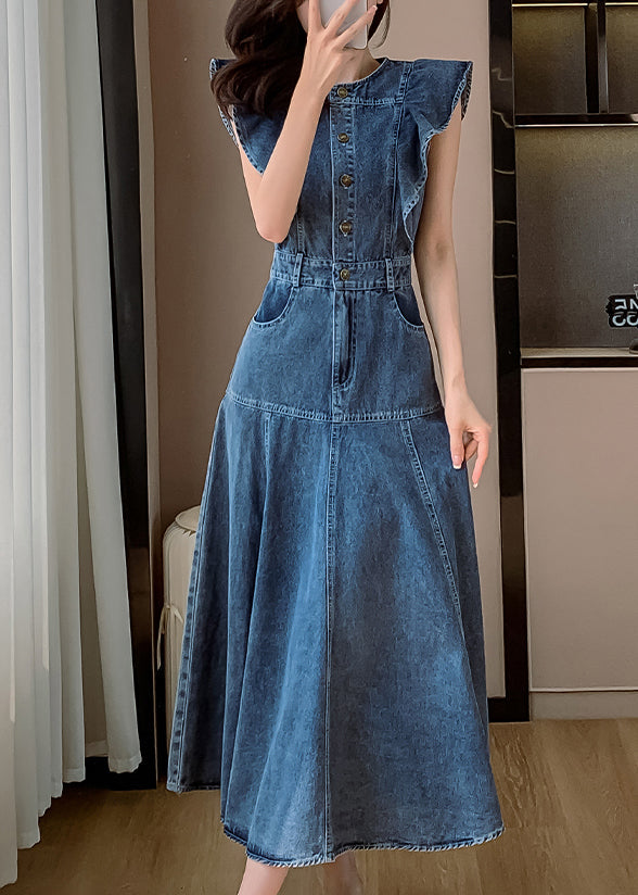 Blue O Neck Patchwork Denim Long Dress Butterfly Sleeve