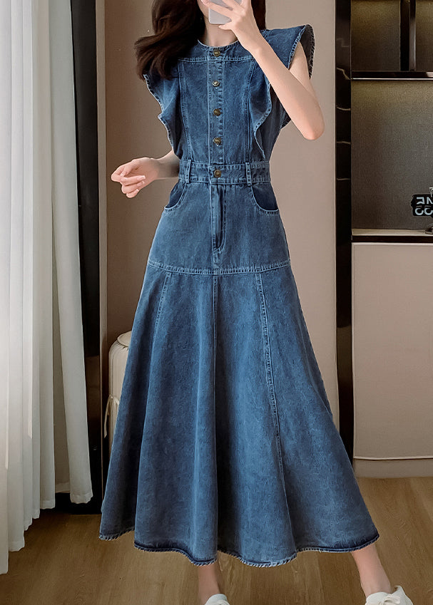 Blue O Neck Patchwork Denim Long Dress Butterfly Sleeve