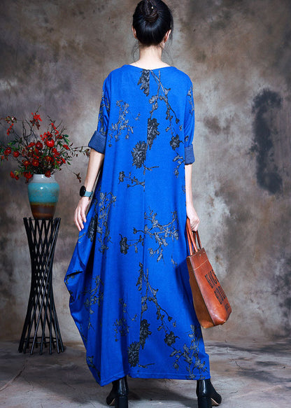 Blue O-neck Print Cotton Maxi Dress Spring