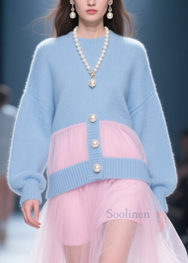 Blue O Neck Tulle Patchwork Knit Dress Fall