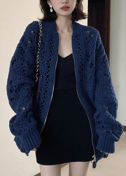 Blue O-neck Zippered Patchwork Cotton Knit Coats Long Sleeve