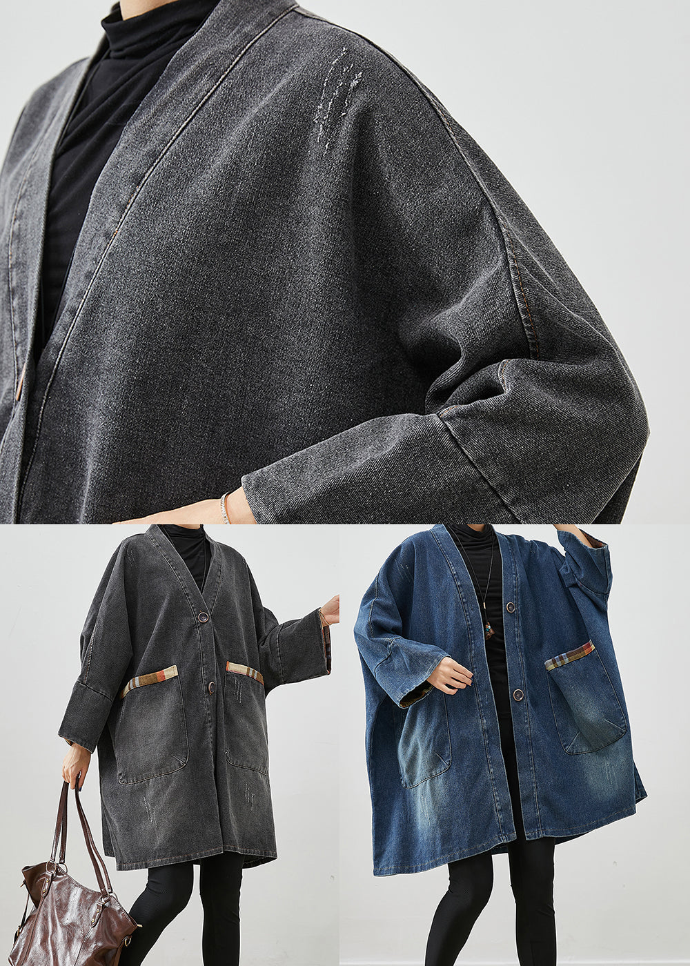 Blue Oversized Patchwork Denim Coats Fall