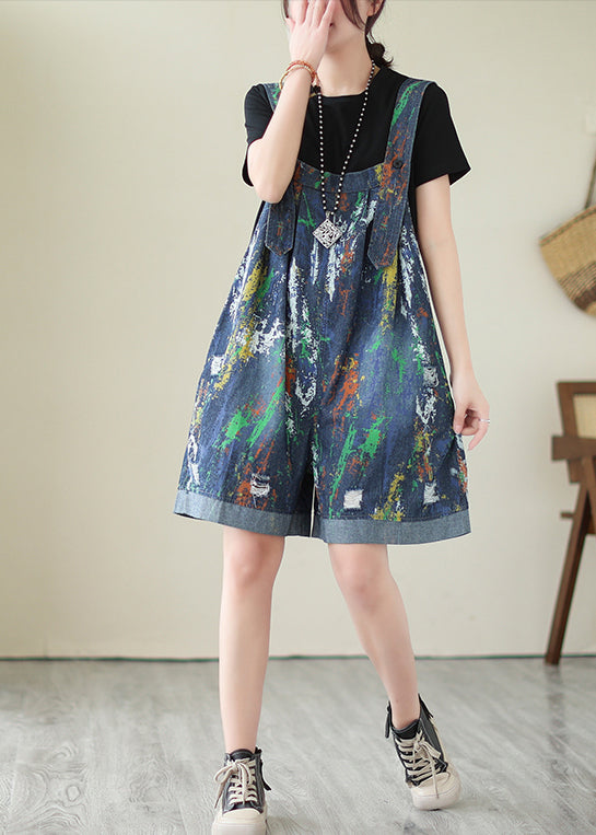 Blue Oversized Tie Dye Denim Jumpsuits Ripped Shorts Summer