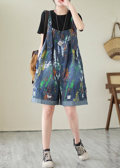Blue Oversized Tie Dye Denim Jumpsuits Ripped Shorts Summer