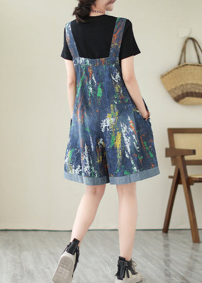 Blue Oversized Tie Dye Denim Jumpsuits Ripped Shorts Summer