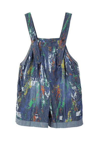 Blue Oversized Tie Dye Denim Jumpsuits Ripped Shorts Summer