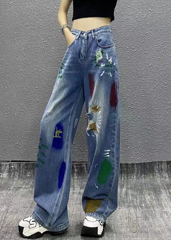 Blue Paintings Pockets High Waist Denim Wide Leg Pants Spring