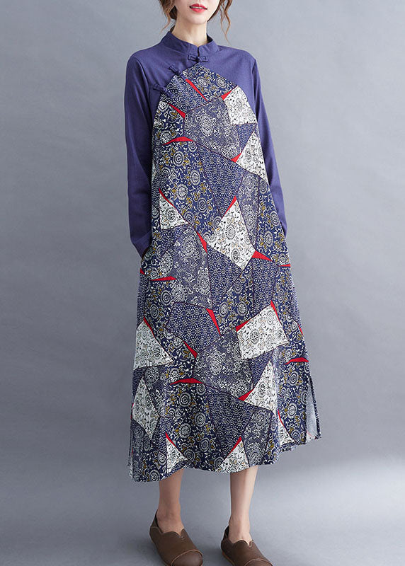 Blue Patchwork Button Asymmetrical Design Fall Holiday Dress Long Sleeve