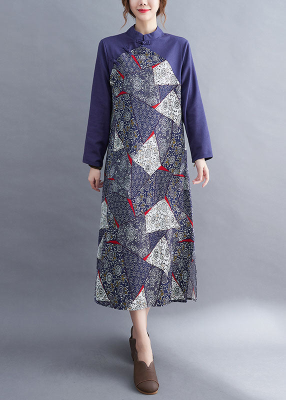 Blue Patchwork Button Asymmetrical Design Fall Holiday Dress Long Sleeve