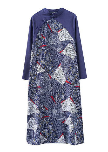 Blue Patchwork Button Asymmetrical Design Fall Holiday Dress Long Sleeve