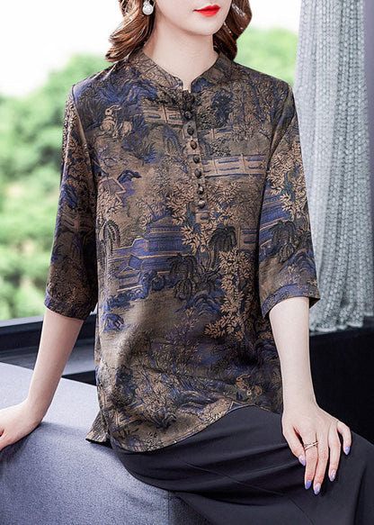 Blue Patchwork Print Button Silk Blouse Tops Summer