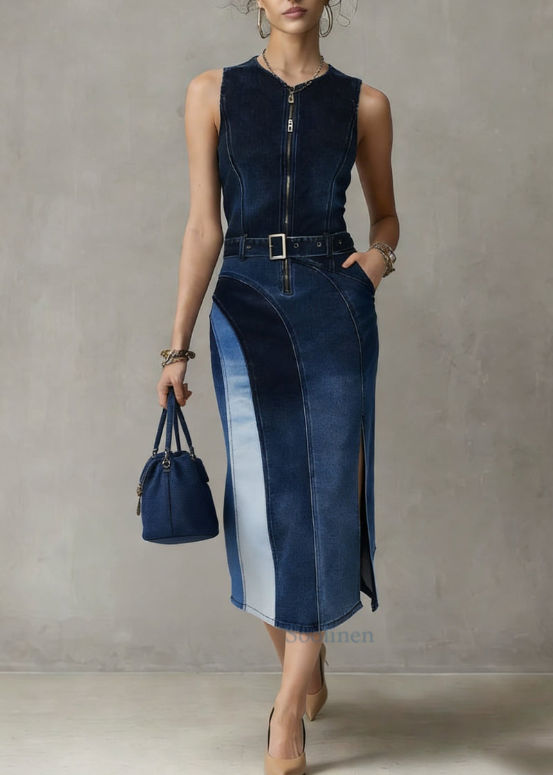 Blue Patchwork Sashes Side Open Vacation Denim Long Dresses