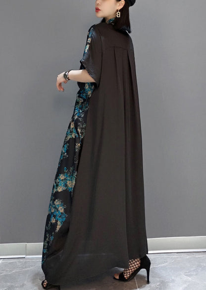 Blue Patchwork Silk Maxi Dresses Short Sleeve