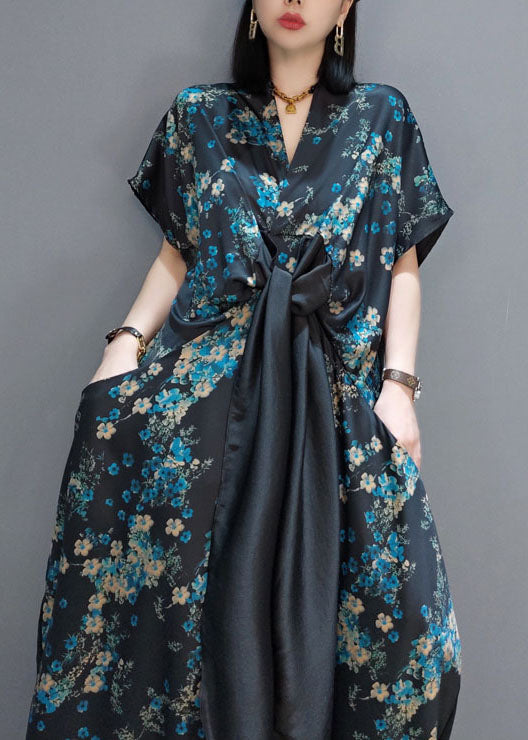 Blue Patchwork Silk Maxi Dresses Short Sleeve