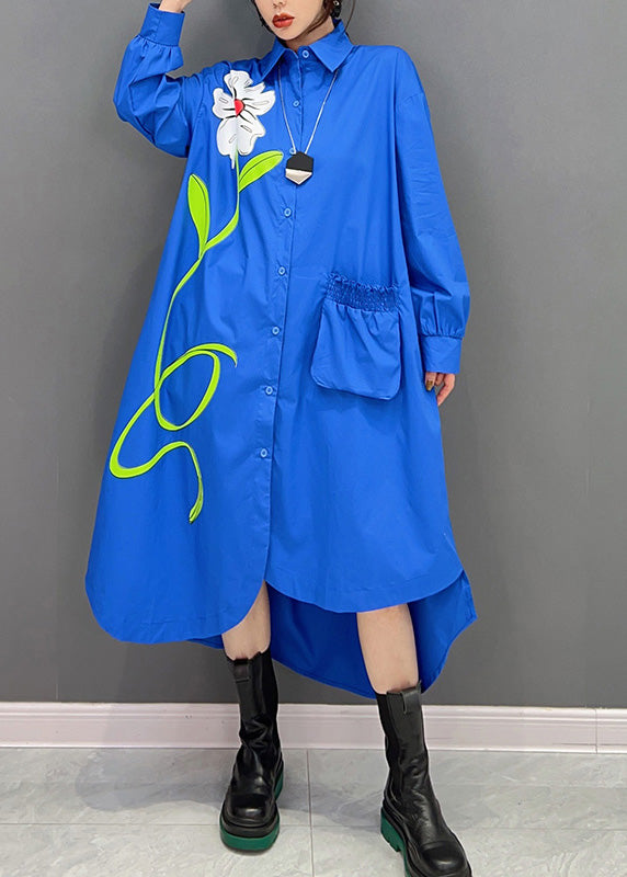 Blue Peter Pan Collar Asymmetrical Print Button Maxi Shirts Dress Long Sleeve