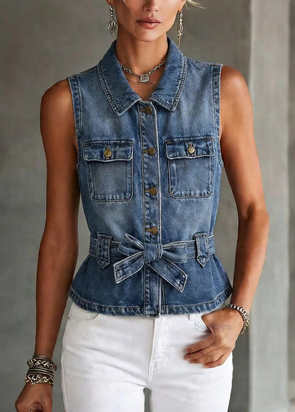 Blue Peter Pan Collar Denim Vest Top Sleeveless