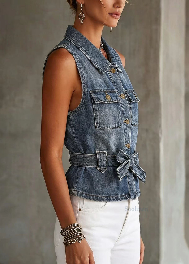 Blue Peter Pan Collar Denim Vest Top Sleeveless
