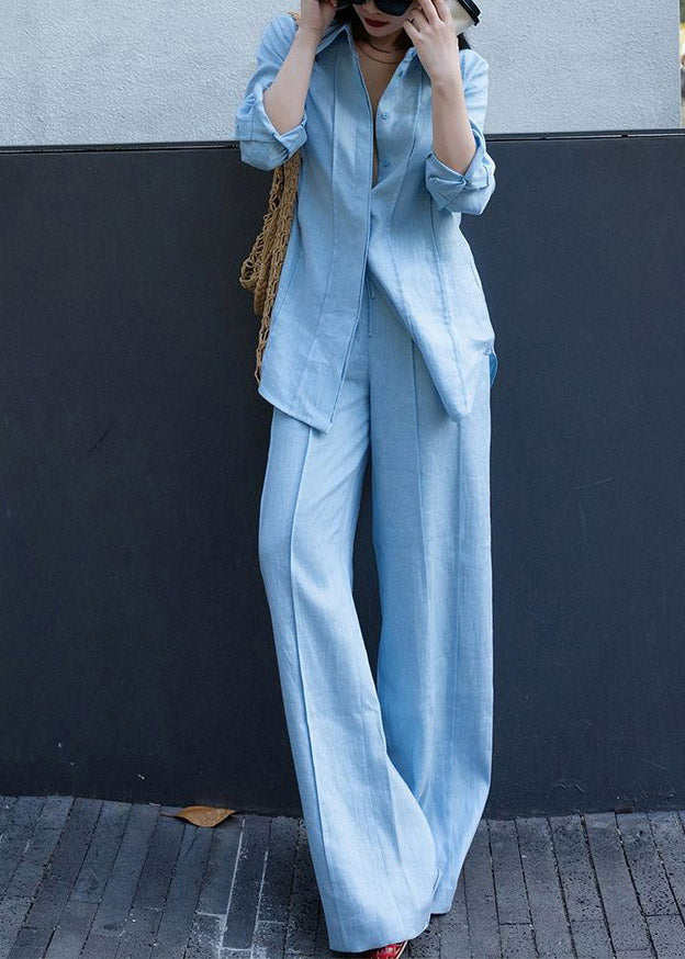 Blue Peter Pan Collar Linen Shirts and Wide Leg Pants Two Pieces Set Long Sleeve