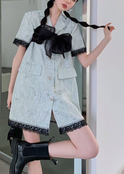 Blue Peter Pan Collar Organza Patchwork Button Mid Shirts Dresses Short Sleeve