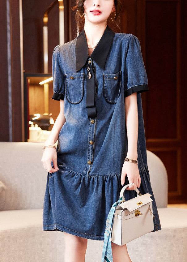 Blue Peter Pan Collar Patchwork Ruffles Denim Dresses Summer