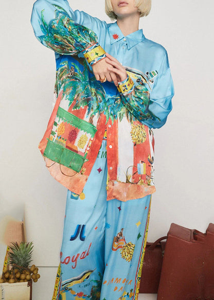 Blue Peter Pan Collar Shirts and Wide Leg Pants Two Pieces Set Spring
