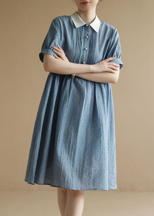 Blue Peter Pan Collar Wrinkled Button Cotton Holiday Dress Short Sleeve