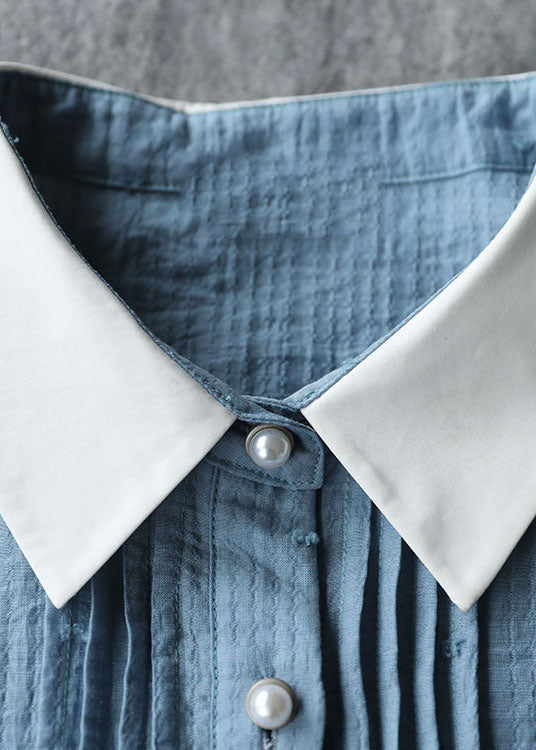 Blue Peter Pan Collar Wrinkled Button Cotton Holiday Dress Short Sleeve