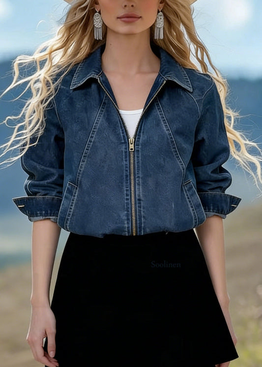 Blue Peter Pan Collar Zippered Denim Jackets Spring