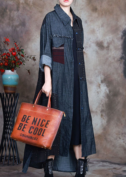 Blue Peterpan Collar Plaid Patchwork Denim Winter Coat