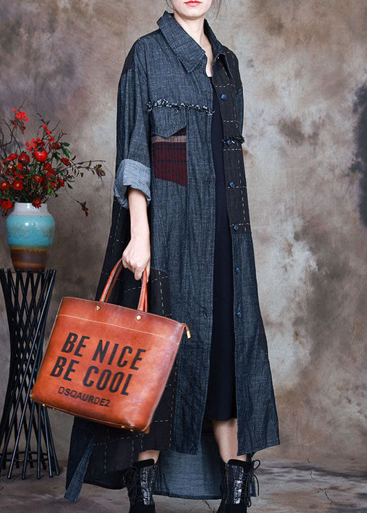Blue Peterpan Collar Plaid Patchwork Denim Winter Coat