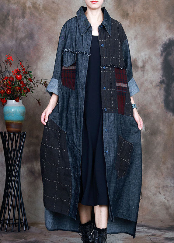 Blue Peterpan Collar Plaid Patchwork Denim Winter Coat
