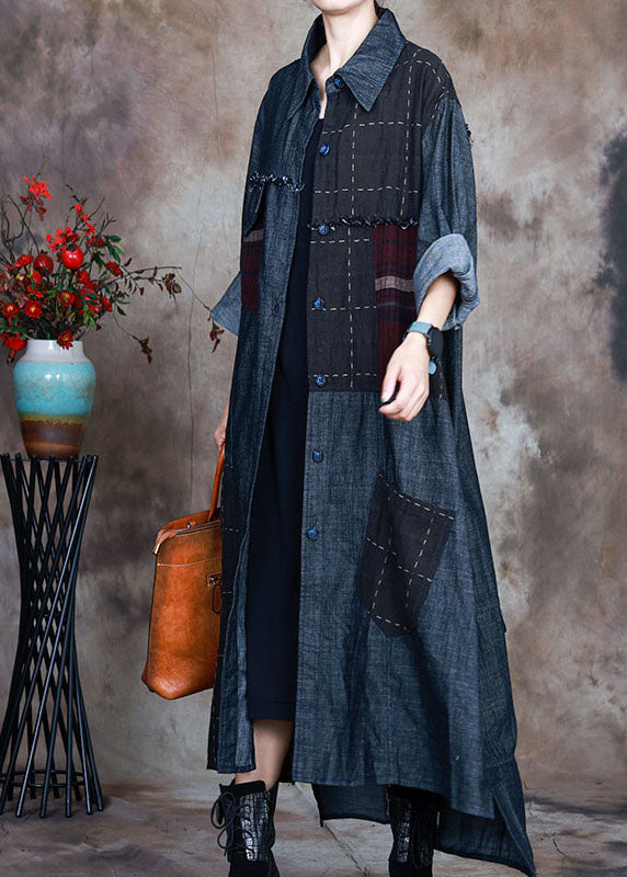 Blue Peterpan Collar Plaid Patchwork Denim Winter Coat