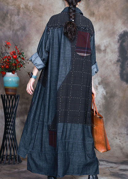 Blue Peterpan Collar Plaid Patchwork Denim Winter Coat