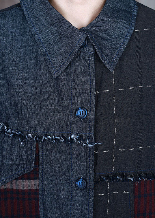 Blue Peterpan Collar Plaid Patchwork Denim Winter Coat