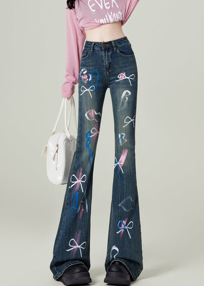 Blue Pockets Bow Print Denim Flared Trousers Spring