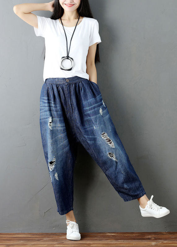 Blue Pockets Elastic Waist Denim Harem Pants Summer