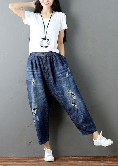 Blue Pockets Elastic Waist Denim Harem Pants Summer