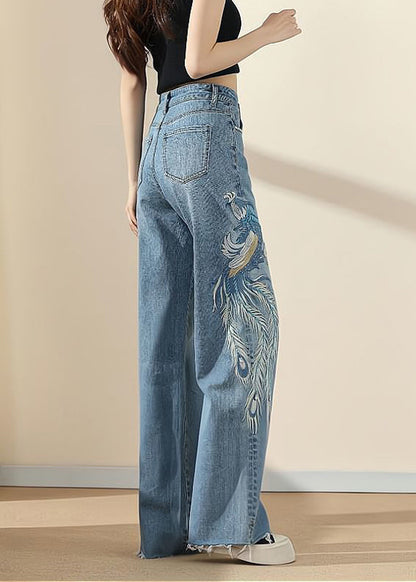 Blue Pockets Embroideried Nail Bead Denim Pants Spring