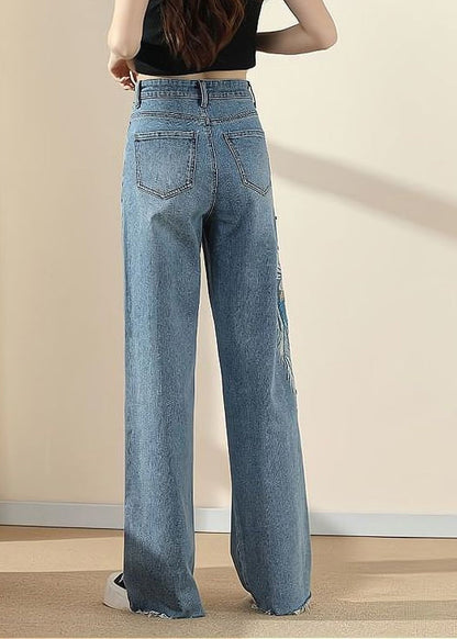 Blue Pockets Embroideried Nail Bead Denim Pants Spring