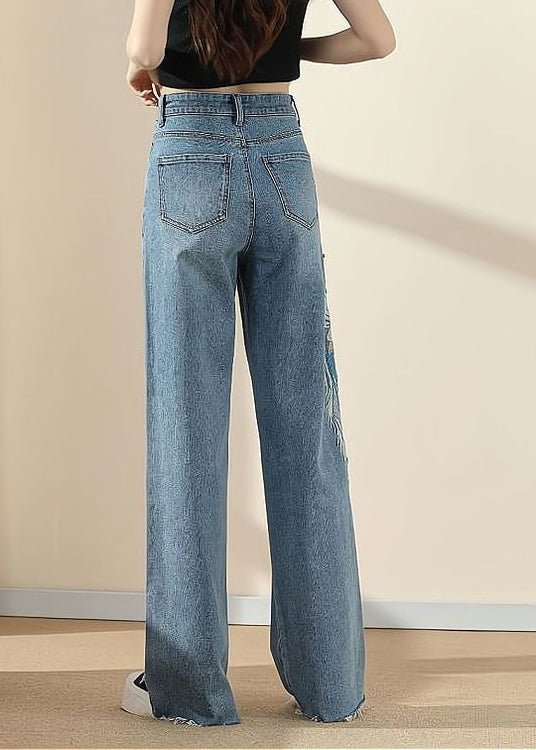 Blue Pockets Embroideried Nail Bead Denim Pants Spring