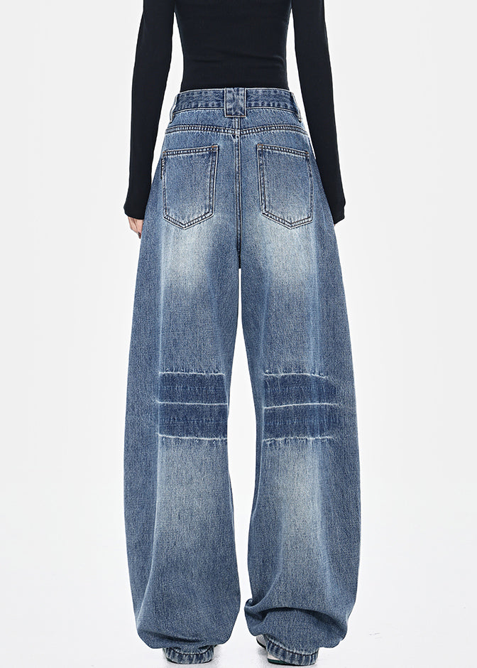 Blue Pockets Patchwork High Waist Denim Pants Spring
