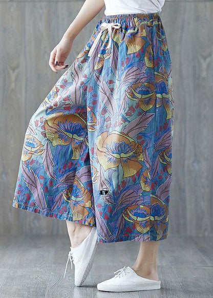 Blue Pockets Print Tie Waist Fall Wide Leg Pants