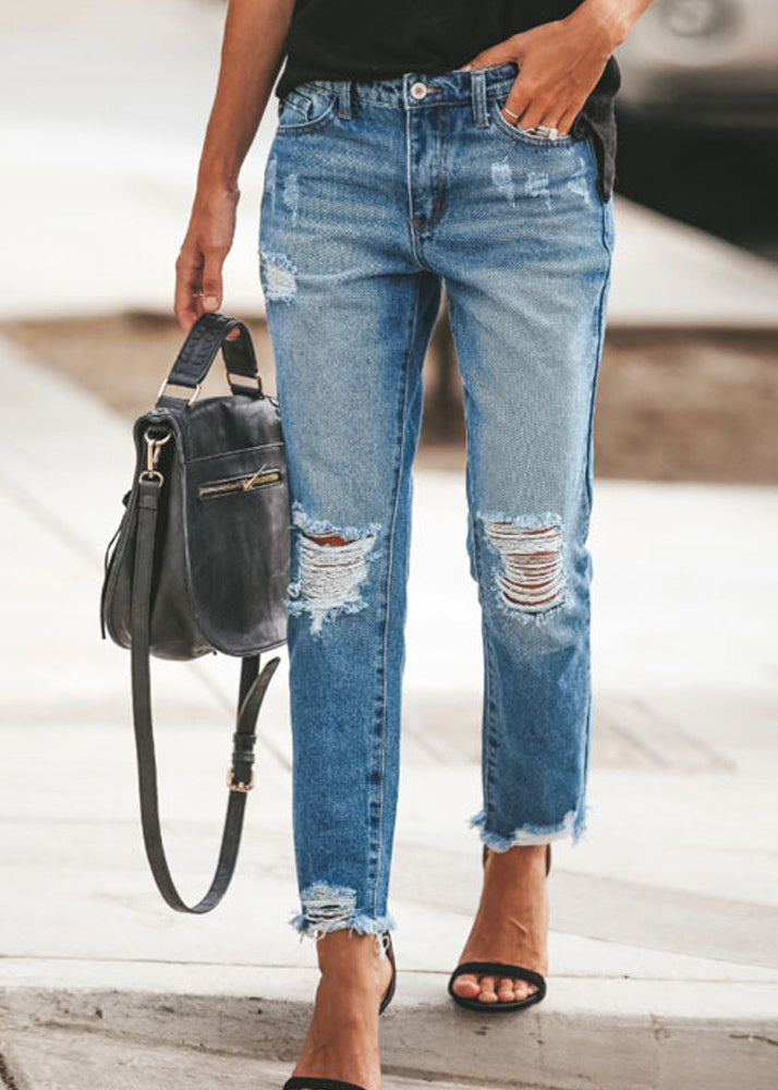 Blue Pockets Ripped Denim Pants Summer