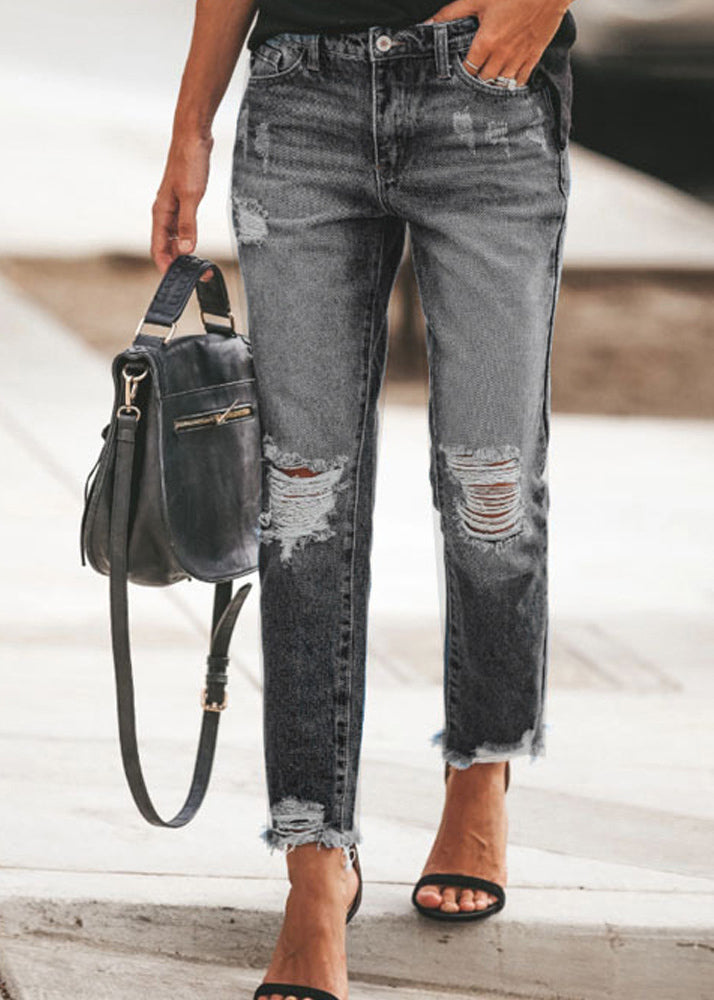 Blue Pockets Ripped Denim Pants Summer