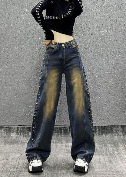 Blue Pockets Rivet High Waist Denim Wide Leg Pants Fall