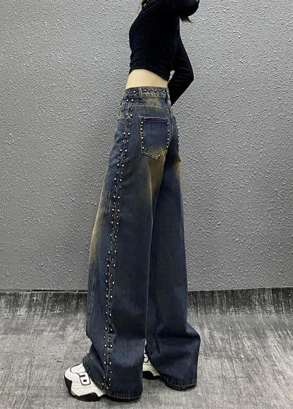 Blue Pockets Rivet High Waist Denim Wide Leg Pants Fall