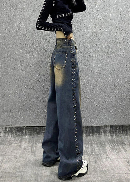 Blue Pockets Rivet High Waist Denim Wide Leg Pants Fall